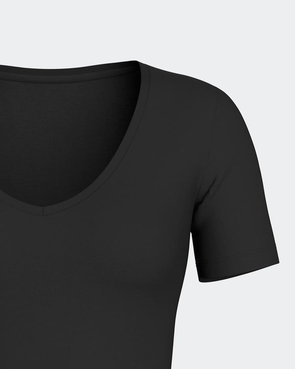 Maison Sarava black V-neck short sleeve t-shirt made from premium wool and Lyocell.