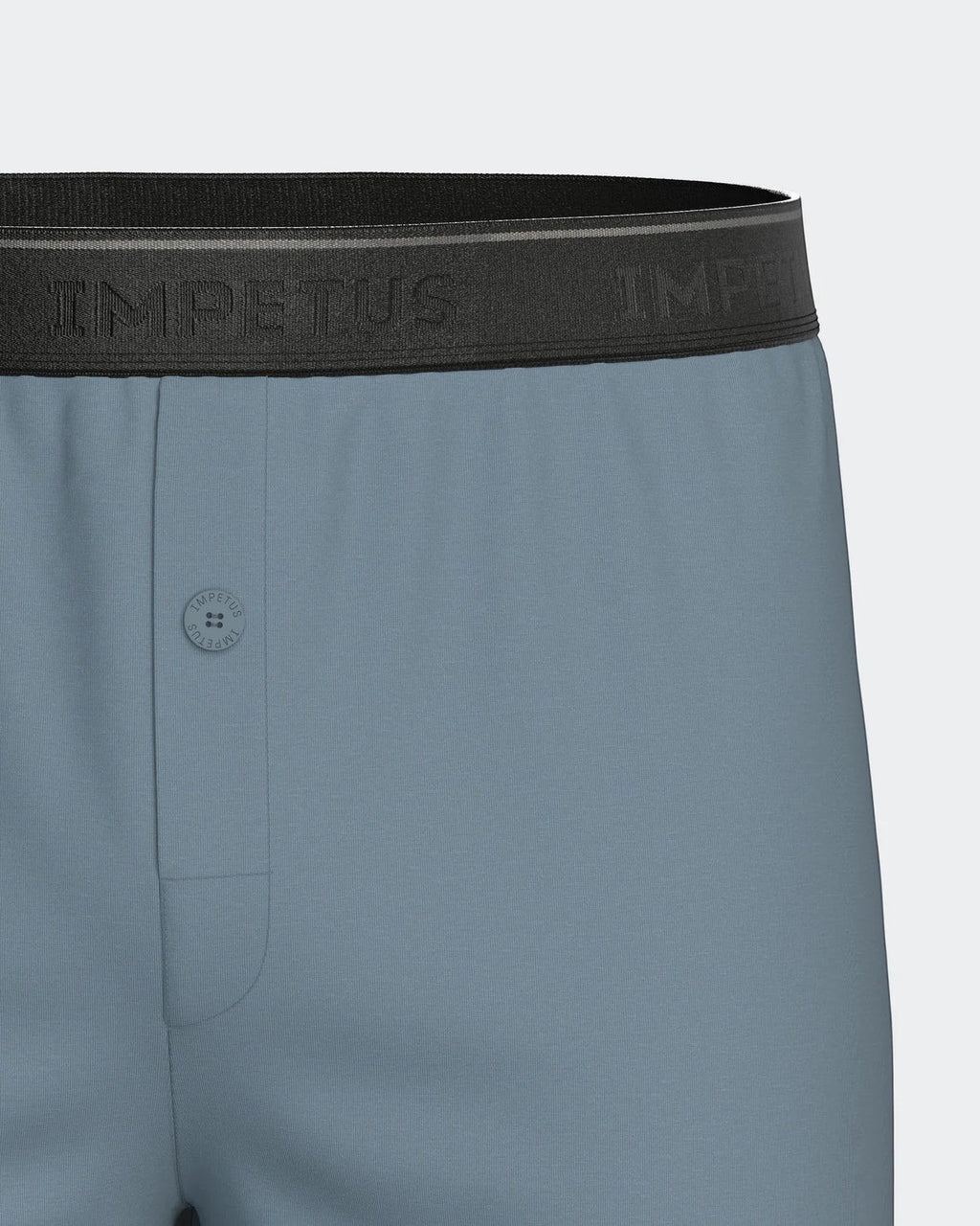Maison Sarava blue cotton boxer briefs with black branded elastic waistband and button fly.