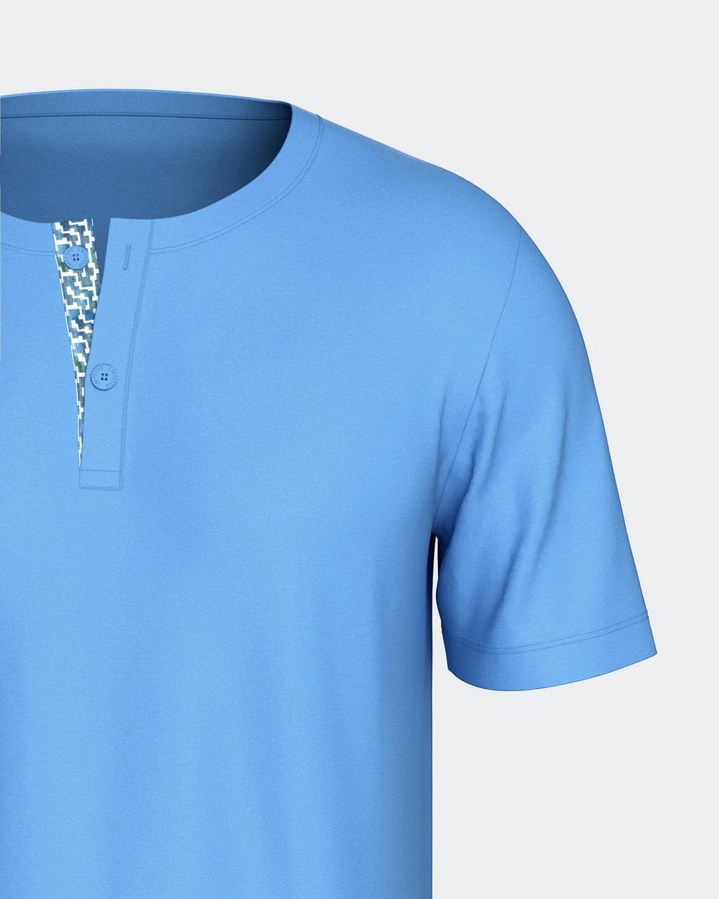 Maison Sarava men's light blue 100% cotton short sleeve henley top with two-button placket and geometric print trim.
