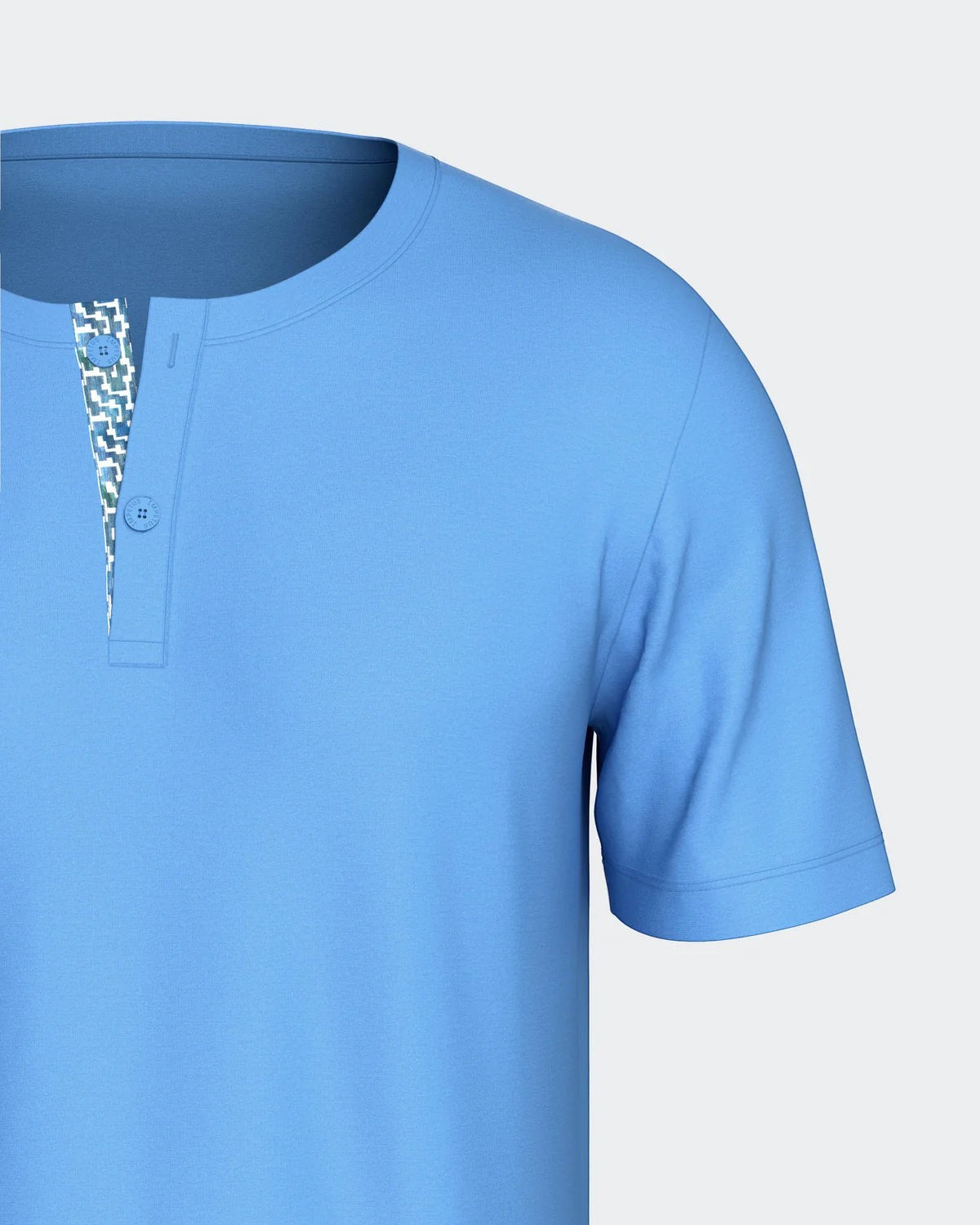 Maison Sarava men's light blue 100% cotton short sleeve henley top with two-button placket and geometric print trim.