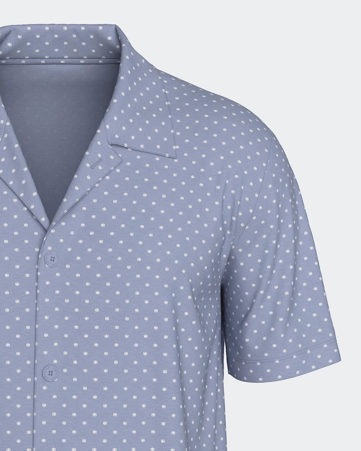 Maison Sarava men's light blue 100% cotton short sleeve lounge set with white micro logo pattern.