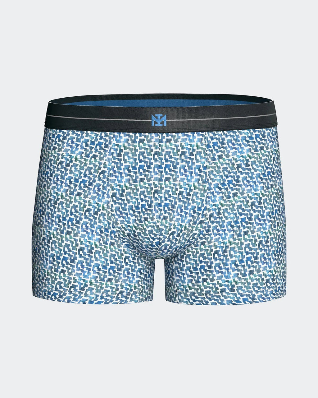 Maison Sarava men's blue geometric print cotton boxer briefs with elasticated waistband.