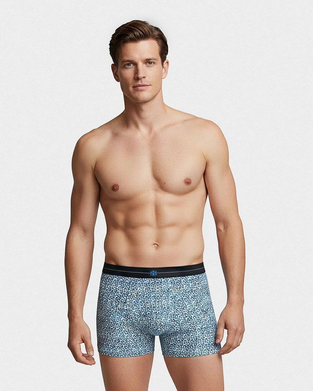 Maison Sarava men's blue geometric print cotton boxer briefs with elasticated waistband.