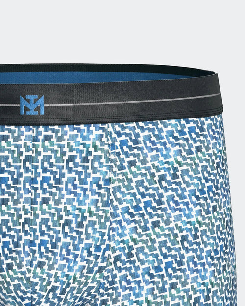 Maison Sarava men's blue geometric print cotton boxer briefs with elasticated waistband.