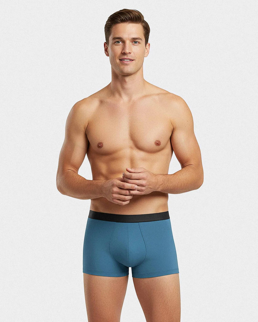 Maison Sarava men's blue lyocell boxer briefs with black elastic waistband. Made in Portugal.