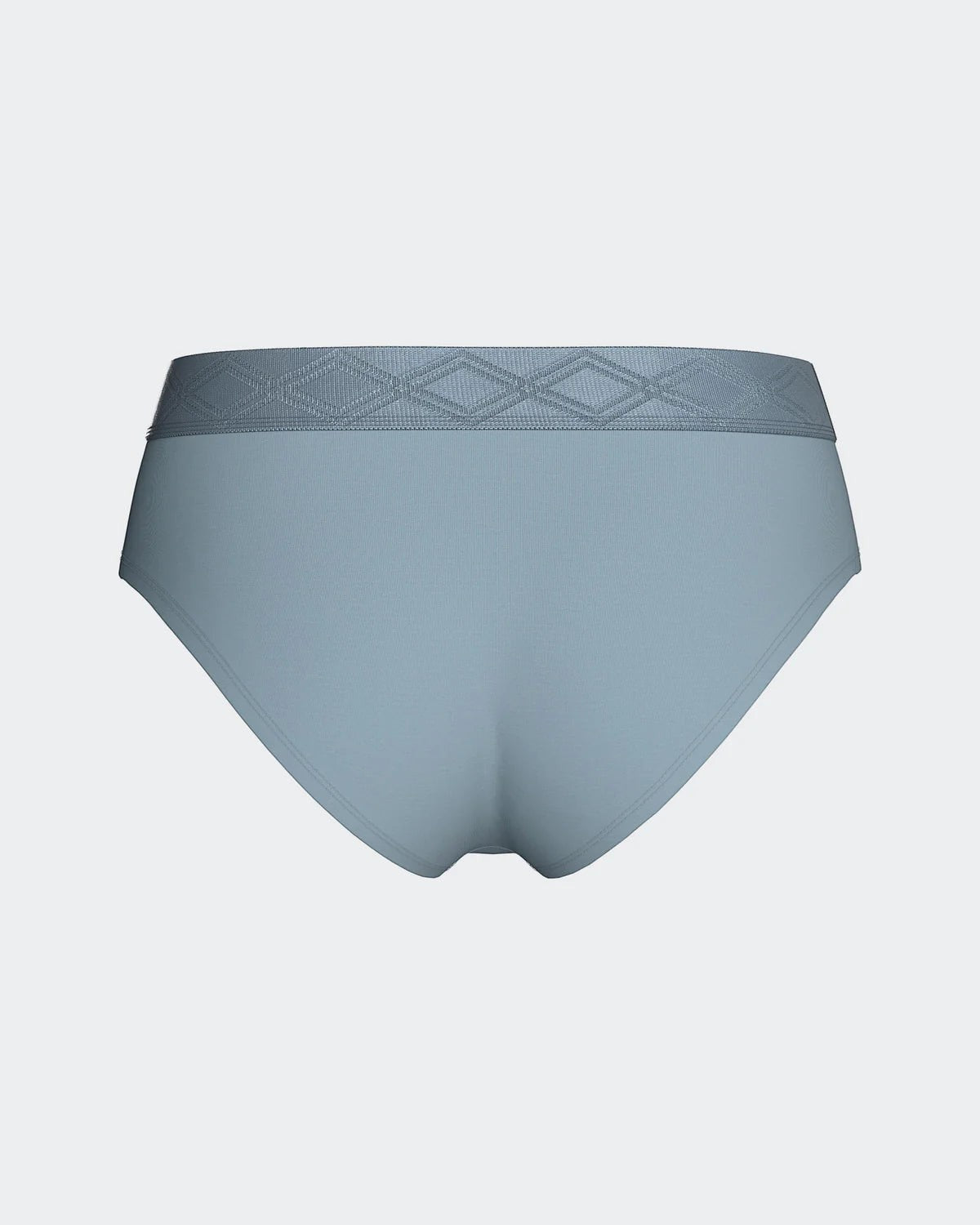 Maison Sarava women's light blue Lyocell briefs with a grey satin elasticated waistband featuring a diamond pattern.