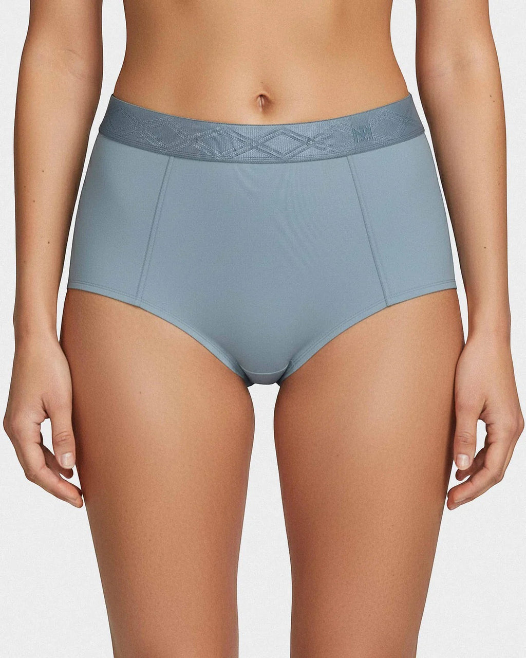 Maison Sarava women's high-waisted briefs in light blue Lyocell with a patterned satin elastic waistband.
