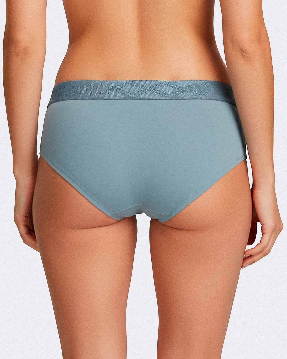 Maison Sarava women's blue briefs made from TENCEL™ Lyocell with a satin elasticated waistband featuring a diamond pattern.