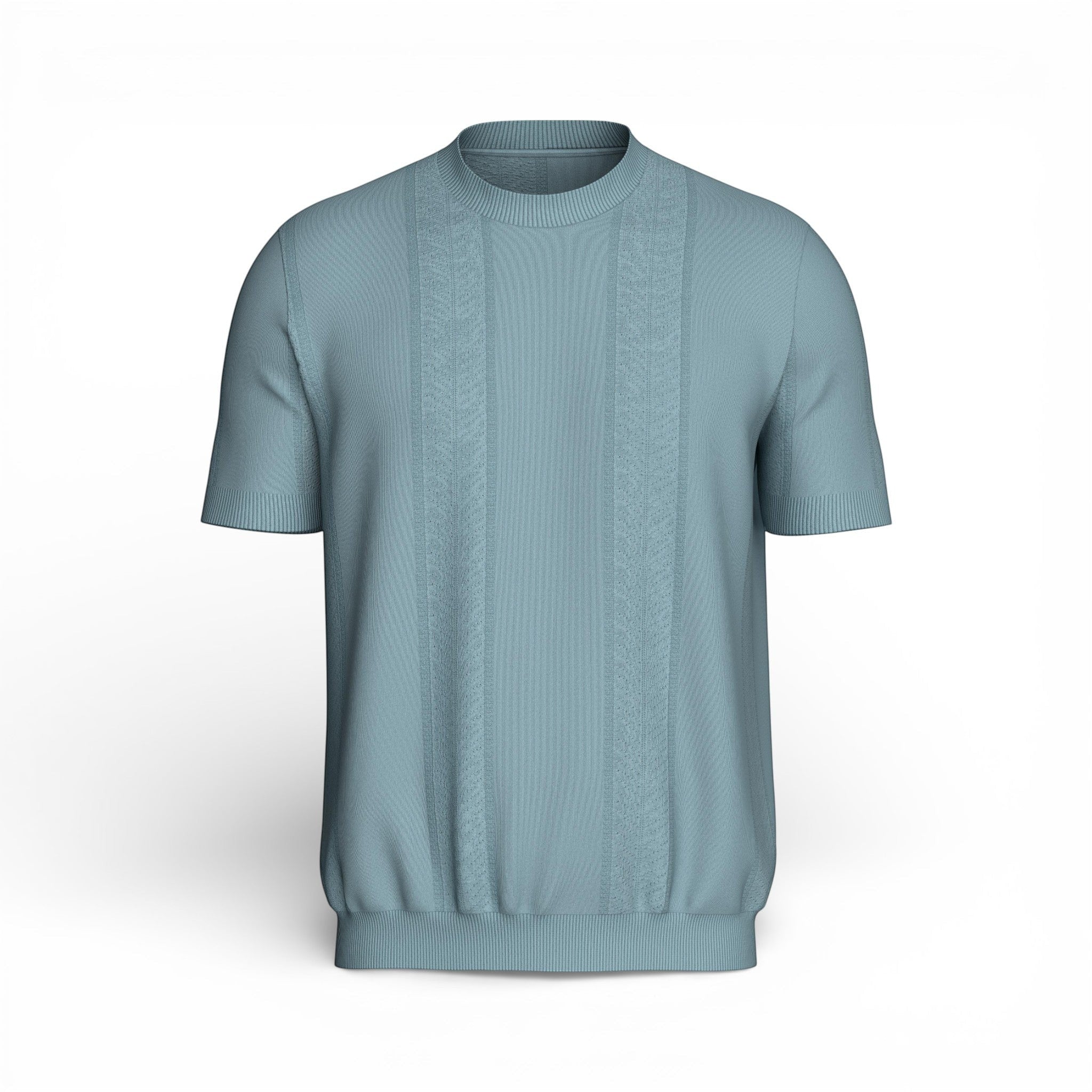 Maison Sarava light blue short-sleeved t-shirt in Lyocell Cotton with a round neckline and textured vertical panels.