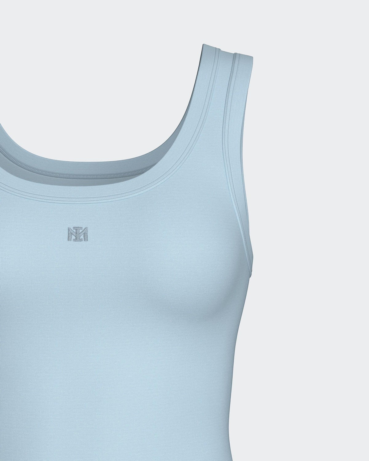 Maison Sarava light blue ribbed Lyocell tank top with wide straps and discreet logo.
