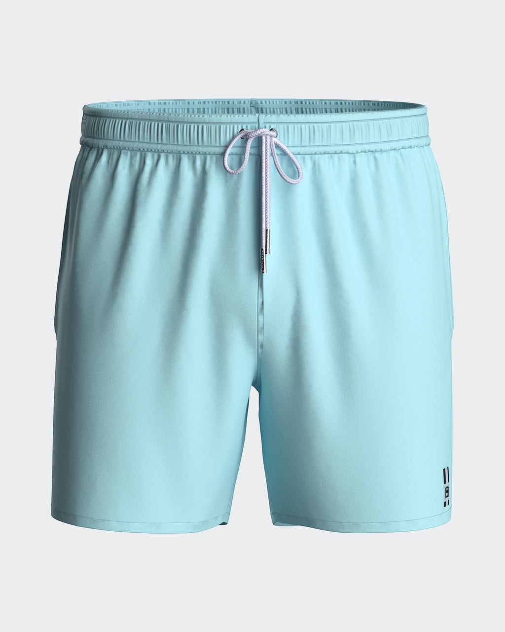 Maison Sarava light blue polyester men's swim shorts with adjustable drawstring waist and inner mesh lining.