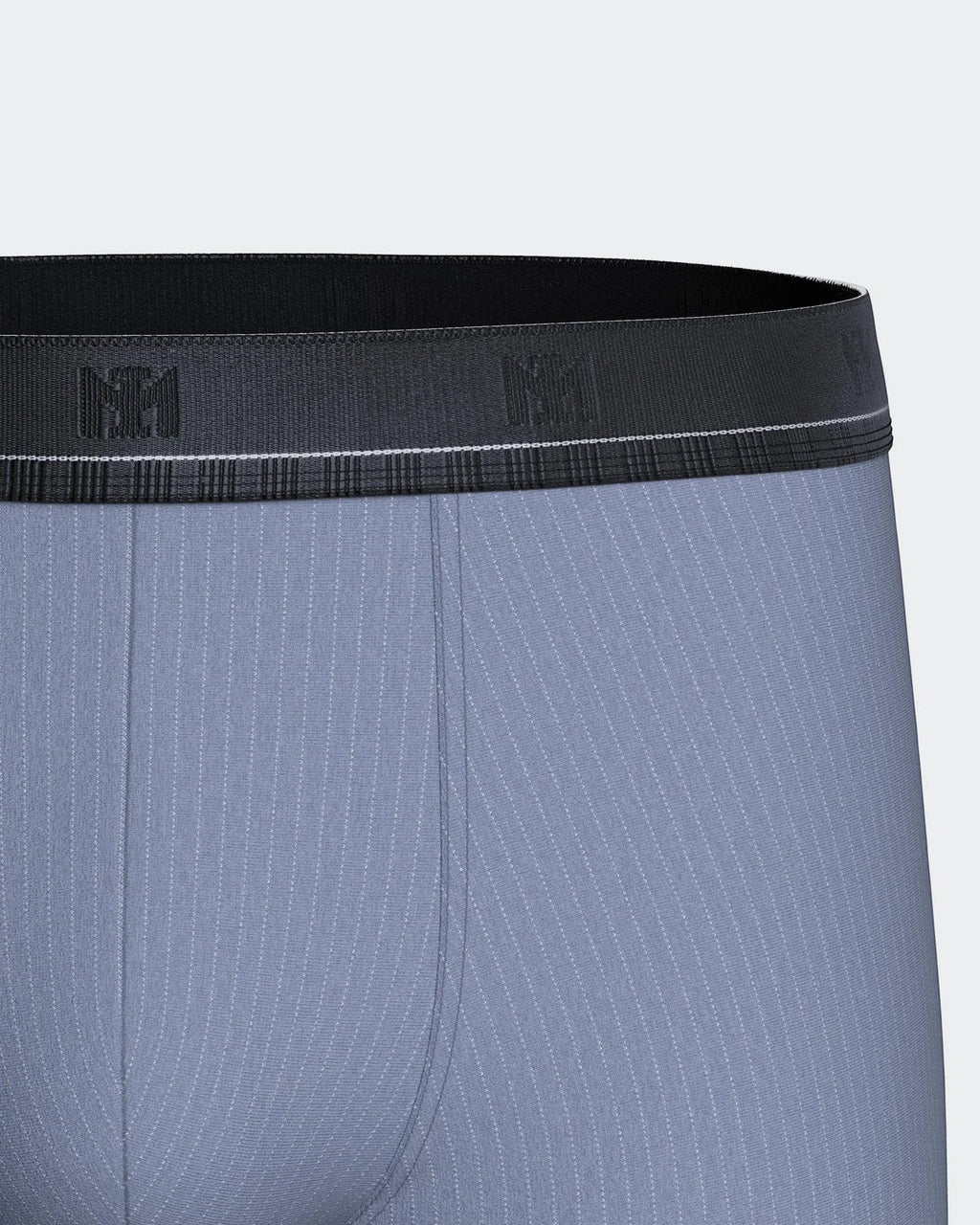 Maison Sarava blue pinstripe boxers made of cotton and TENCEL™ Modal with a black elastic waistband featuring a subtle logo.