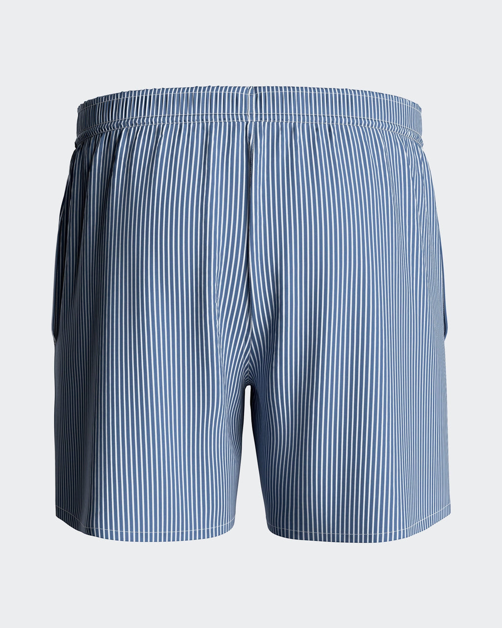Maison Sarava blue and white striped men's swim shorts with drawstring, side pockets and back velcro pocket.