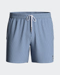Maison Sarava blue and white striped men's swim shorts with drawstring and side pockets.