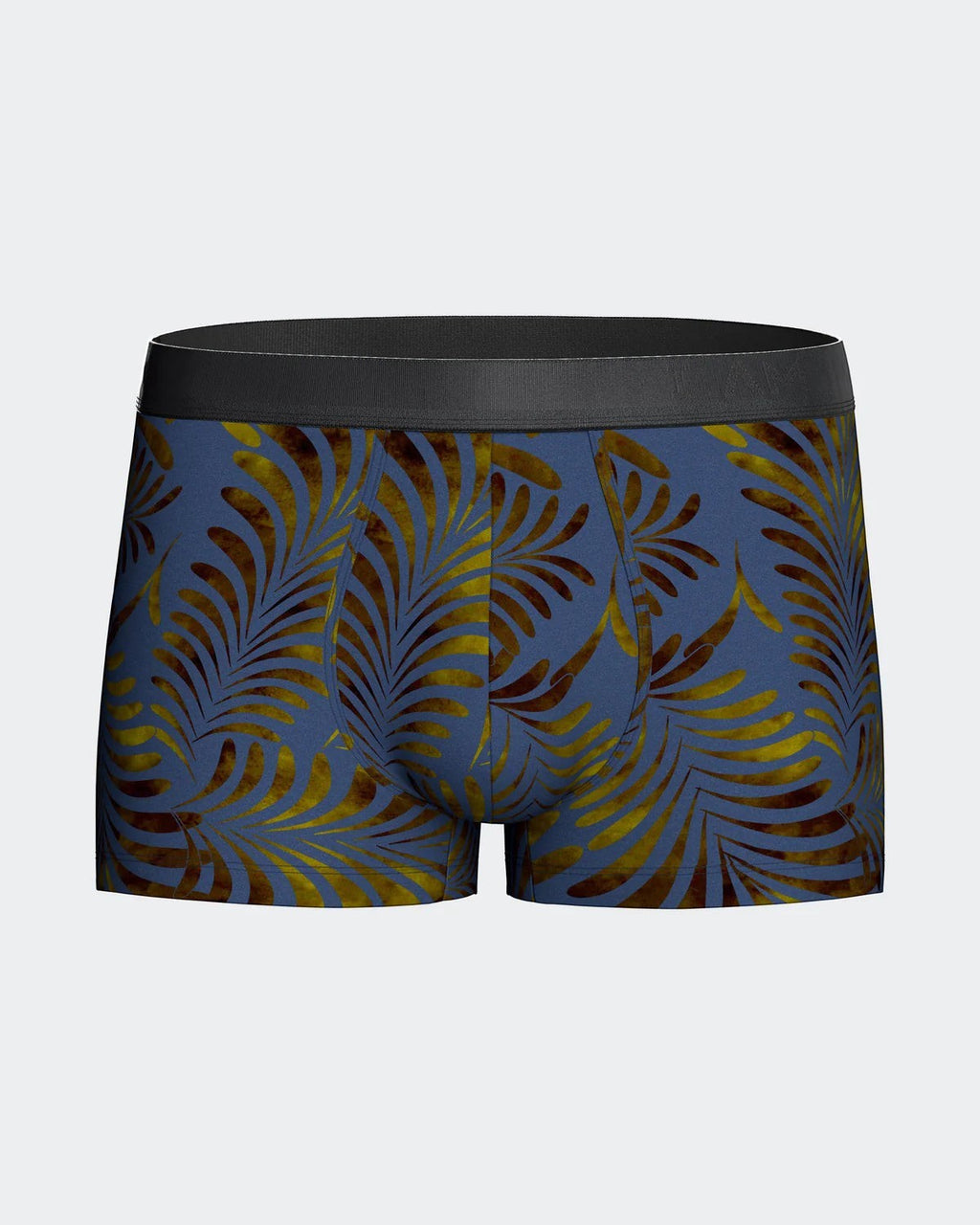 Maison Sarava men's blue boxer briefs with a tropical leaf print in gold and brown, made from TENCEL Lyocell.