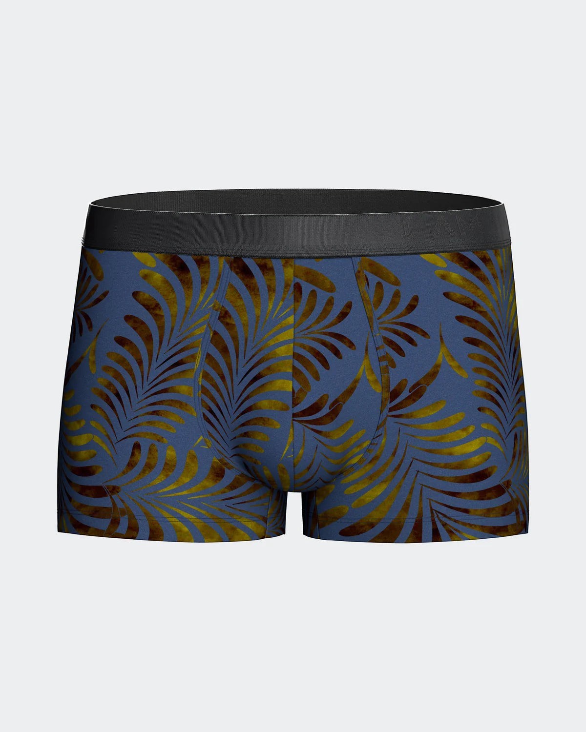 Maison Sarava men's blue boxer briefs with a tropical leaf print in gold and brown, made from TENCEL Lyocell.