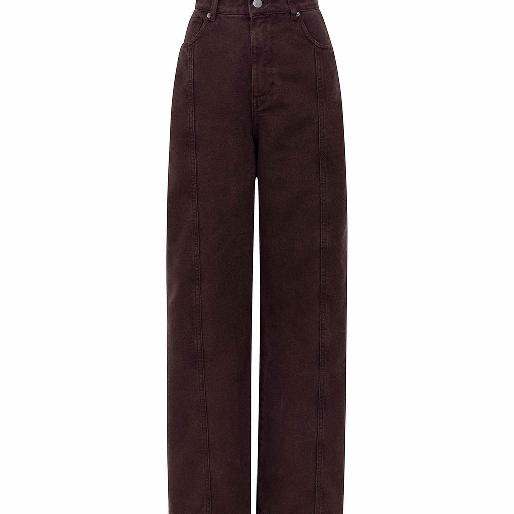 Maison Sarava brown denim Elsa trousers with a high rise waist and wide leg silhouette.