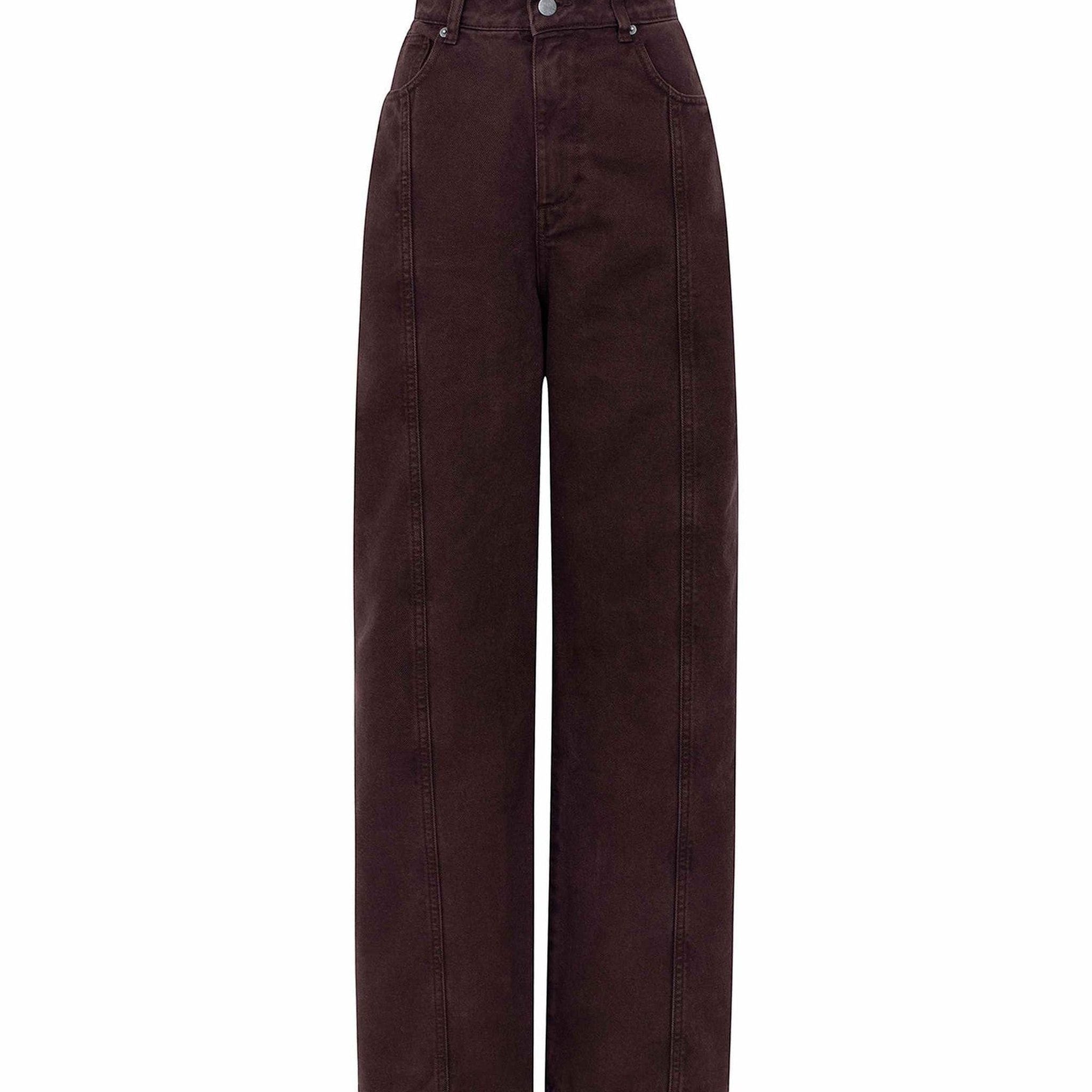 Maison Sarava brown denim Elsa trousers with a high rise waist and wide leg silhouette.