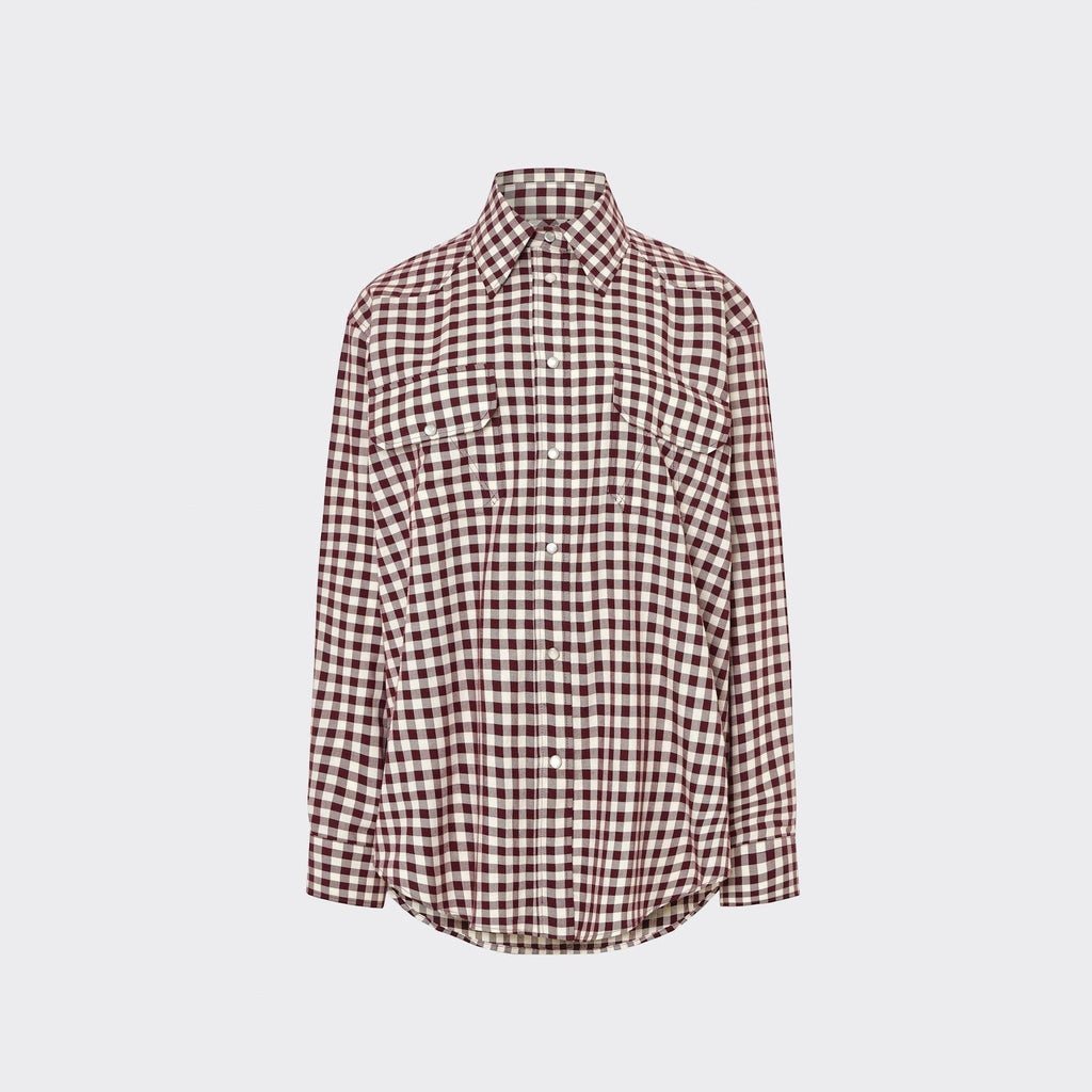 Maison Sarava women's oversized fit burgundy and white gingham western shirt with pointed collar, buttoned front, and two flap pockets.