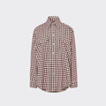 Maison Sarava women's oversized fit burgundy and white gingham western shirt with pointed collar, buttoned front, and two flap pockets.