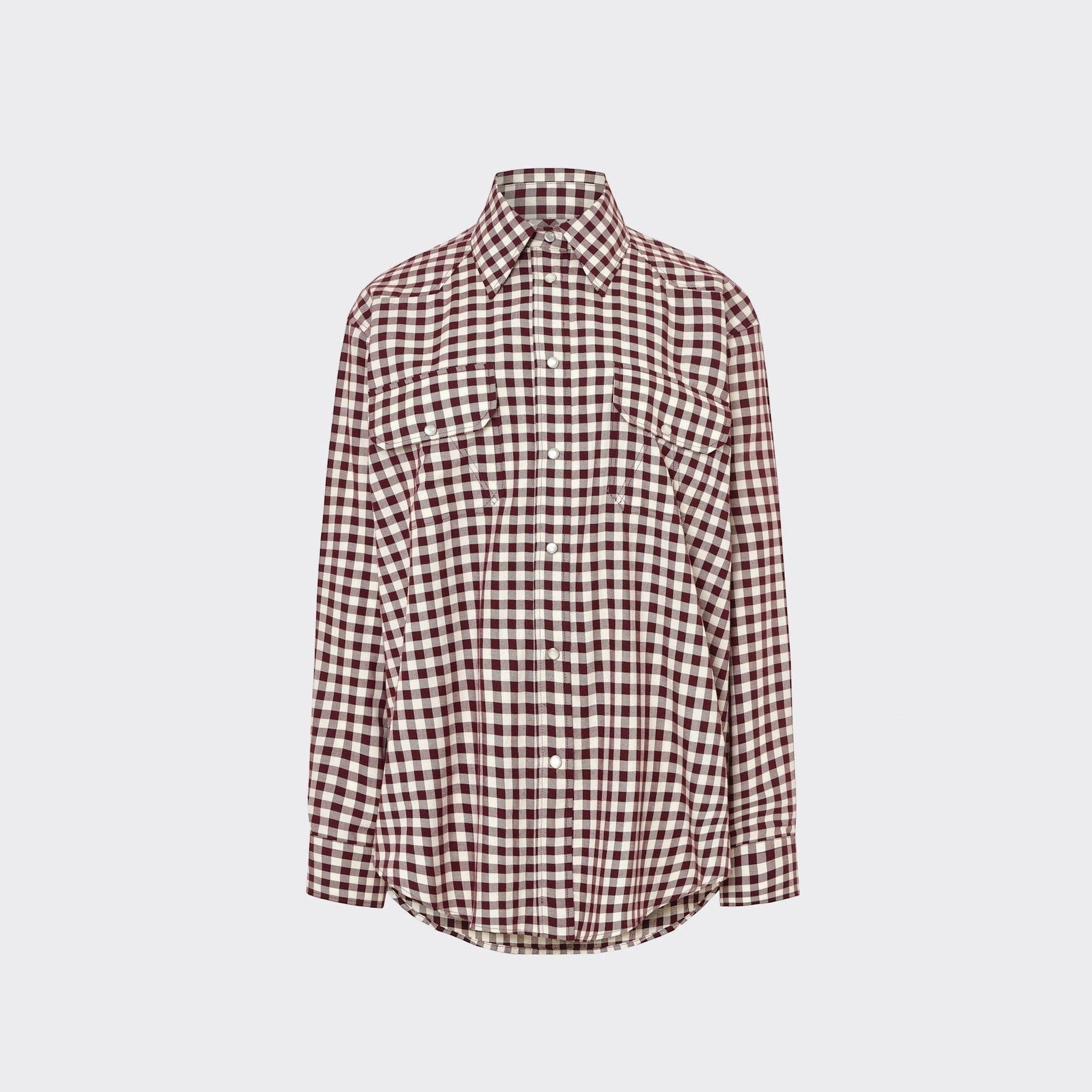 Maison Sarava women's oversized fit burgundy and white gingham western shirt with pointed collar, buttoned front, and two flap pockets.