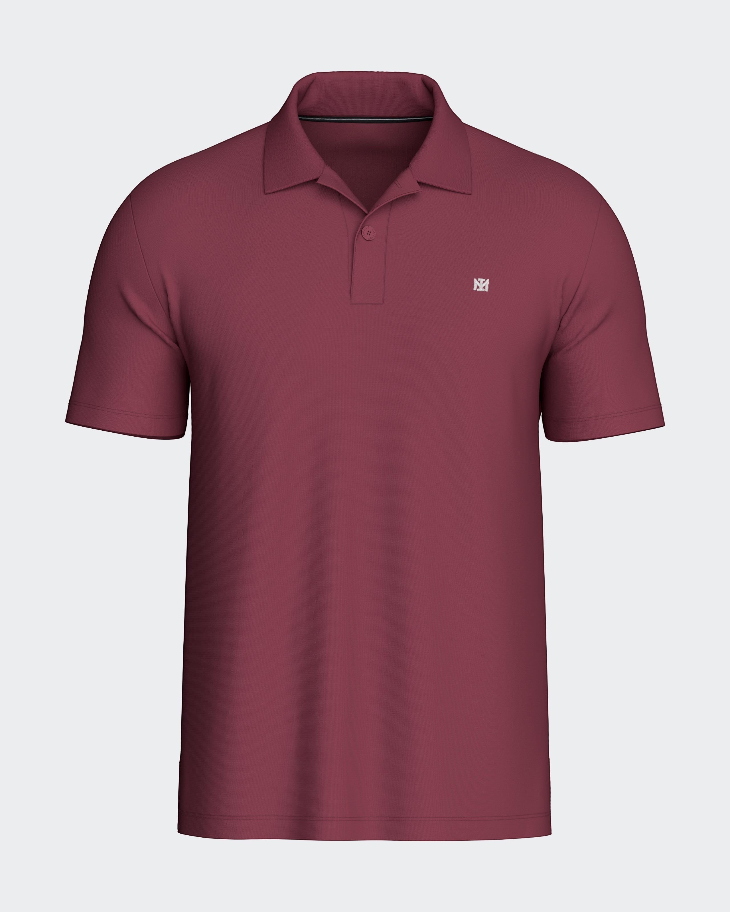 Maison Sarava burgundy short sleeve polo shirt with a two-button placket and embroidered logo.