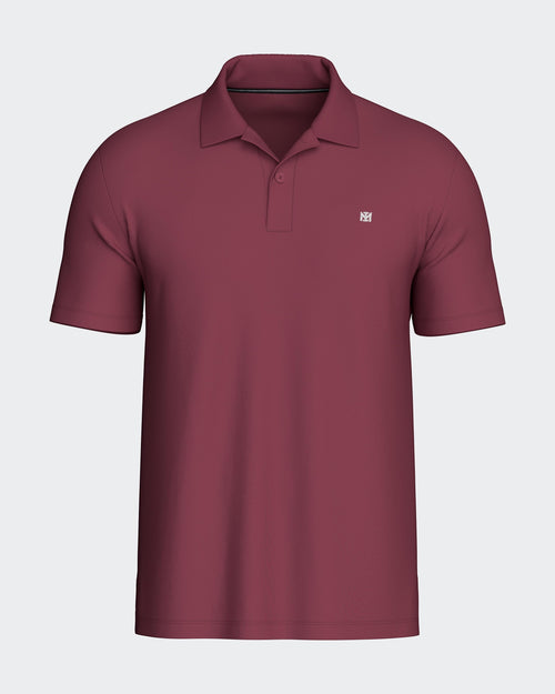 Maison Sarava burgundy short sleeve polo shirt with a two-button placket and embroidered logo.