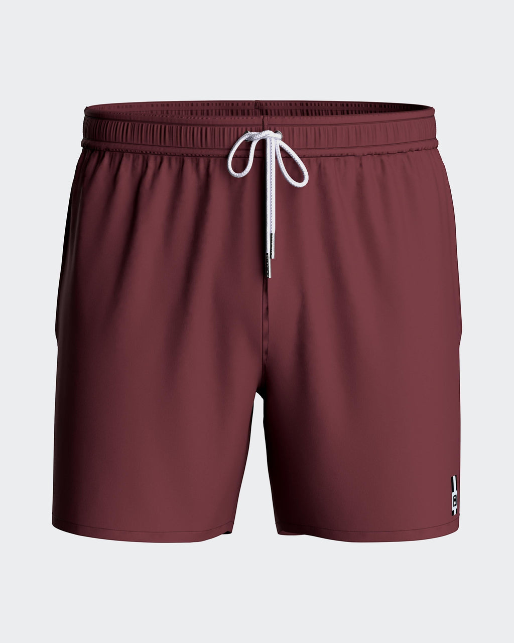 Maison Sarava men's burgundy polyester swim shorts with adjustable drawstring waist and inner mesh lining.