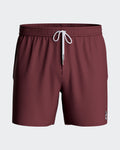 Maison Sarava men's burgundy polyester swim shorts with adjustable drawstring waist and inner mesh lining.