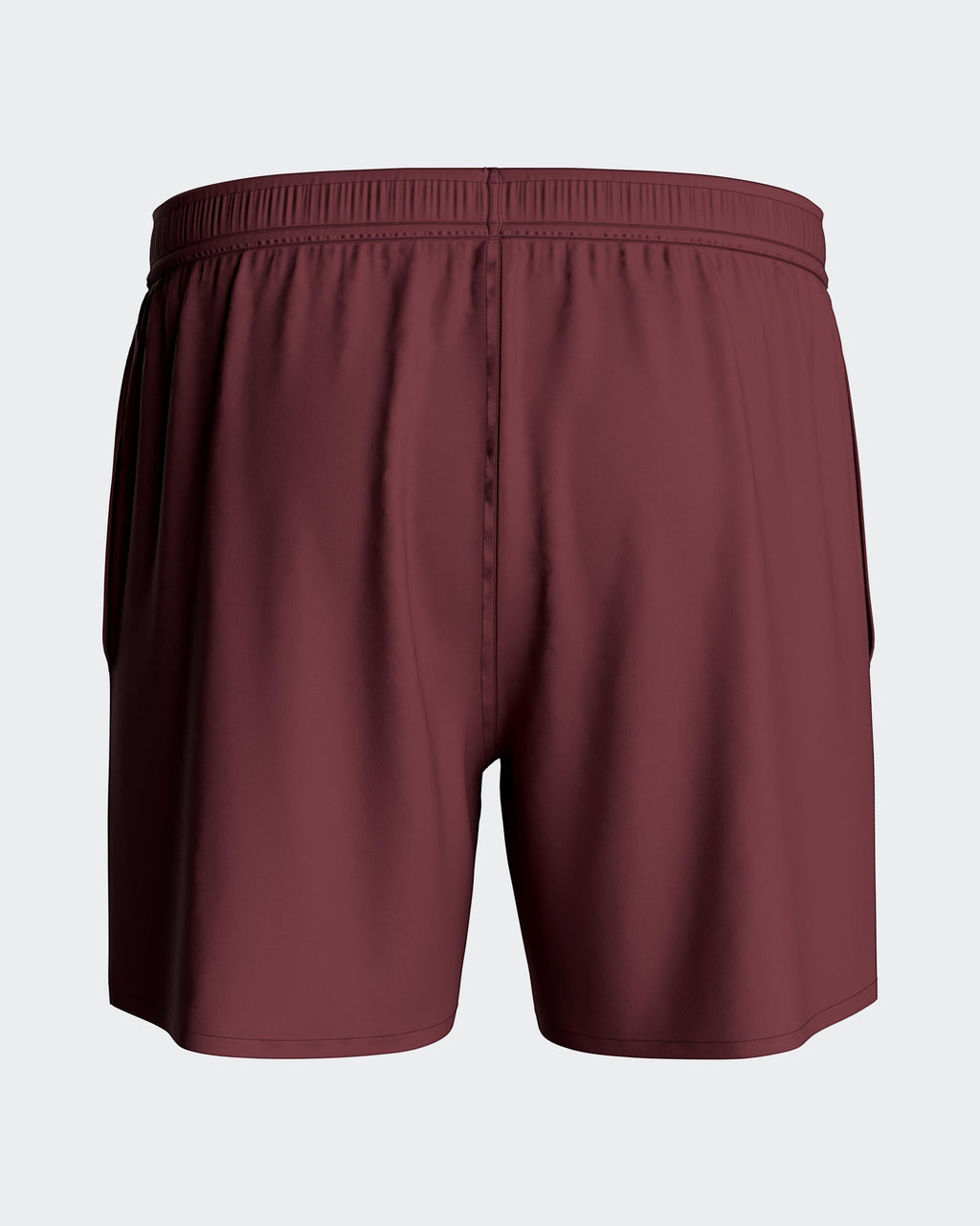 Maison Sarava men's burgundy polyester swim shorts with adjustable drawstring waist and side pockets.