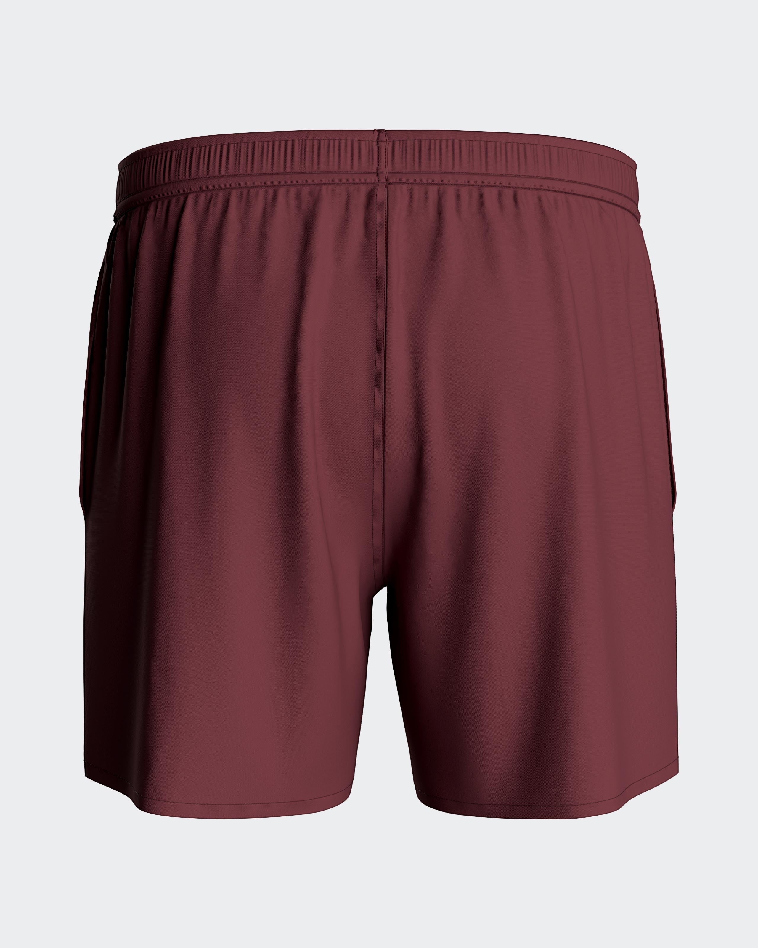 Maison Sarava men's burgundy polyester swim shorts with adjustable drawstring waist and side pockets.
