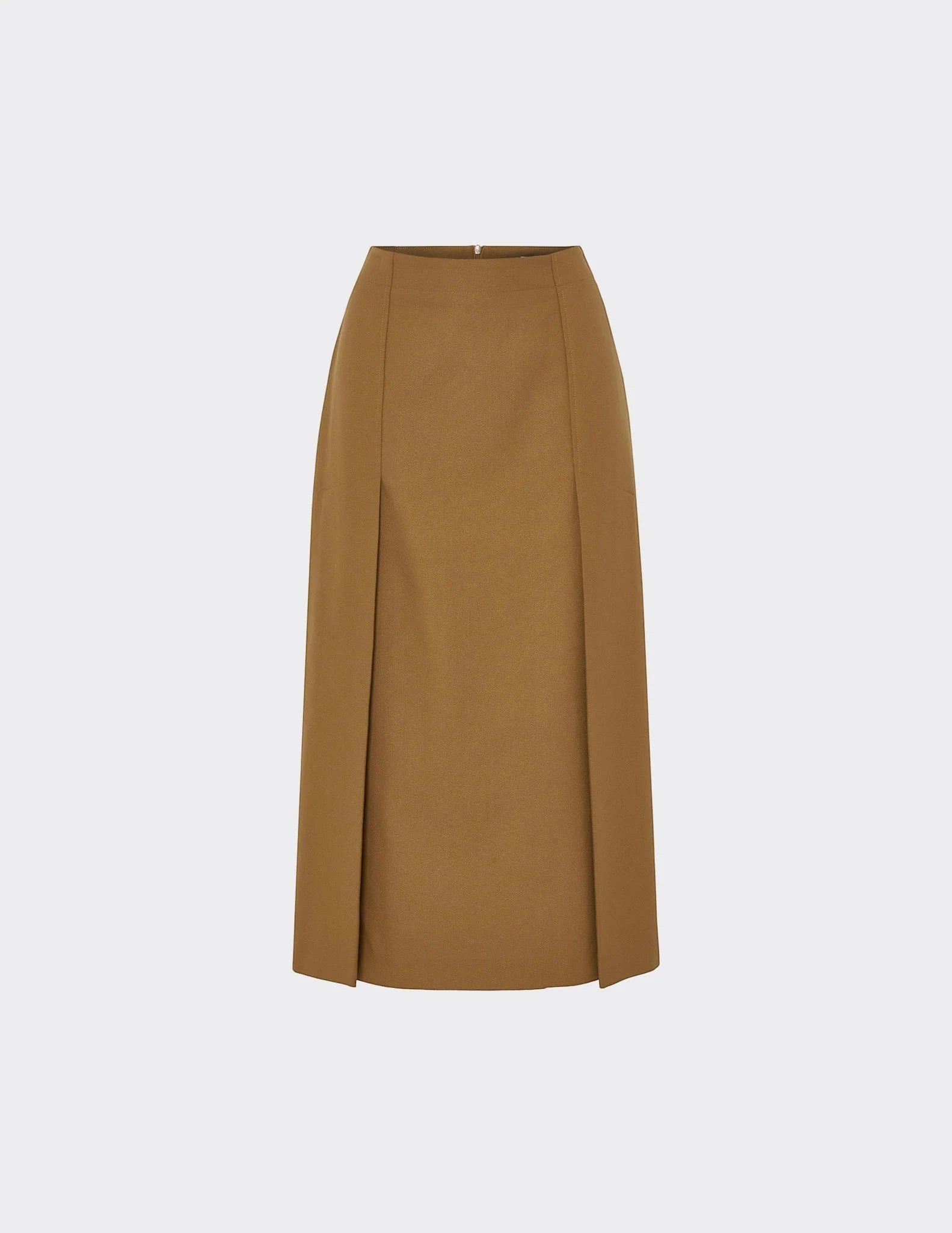 Maison Sarava women's straight-fit midi skirt in camel brown with a double vent and invisible back zip.