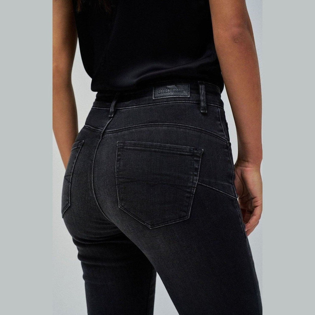 Maison Sarava charcoal wash high waisted flare denim jeans with a flattering silhouette.