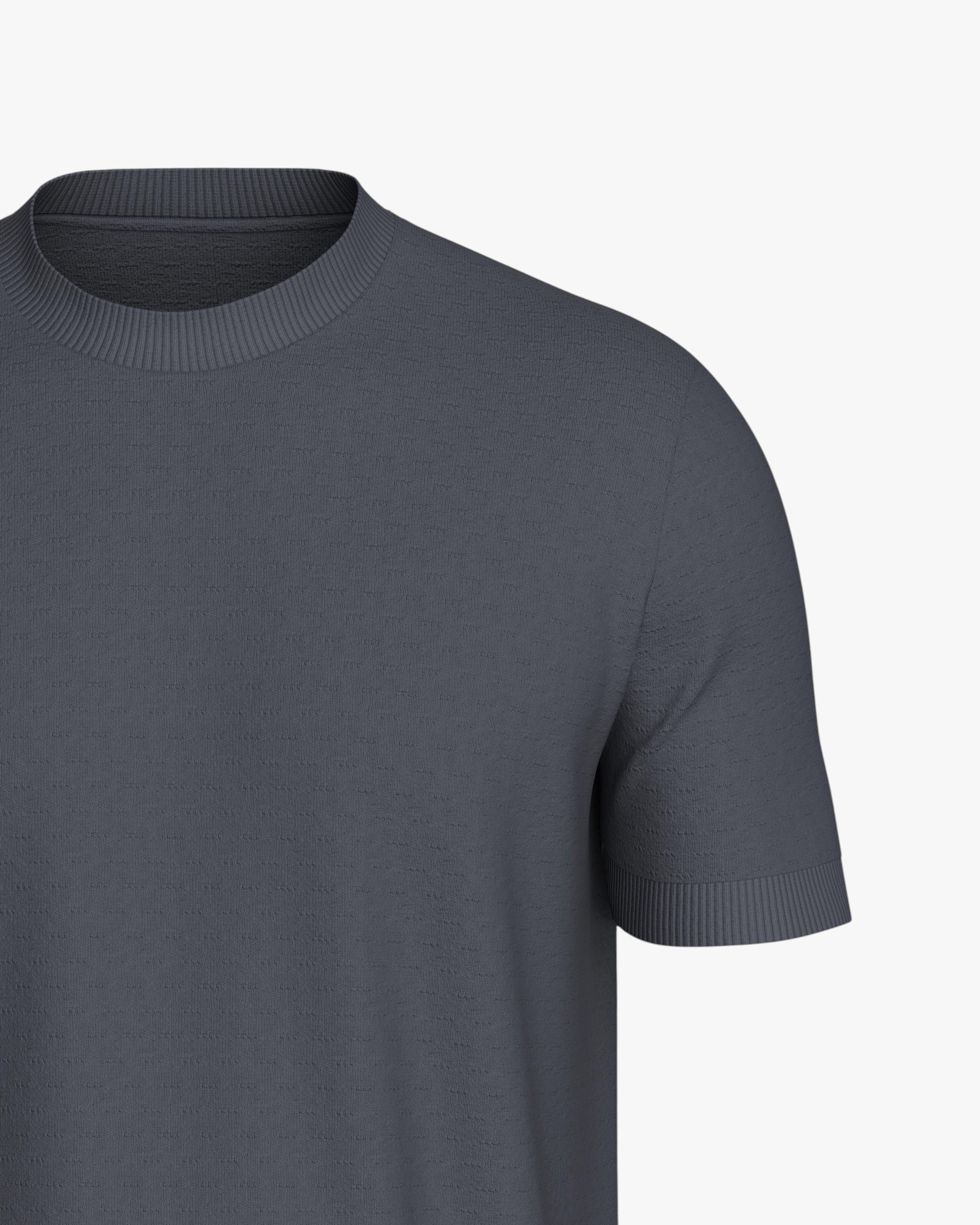Maison Sarava charcoal grey short sleeve knit top in Lyocell with crew neck and ribbed cuffs.