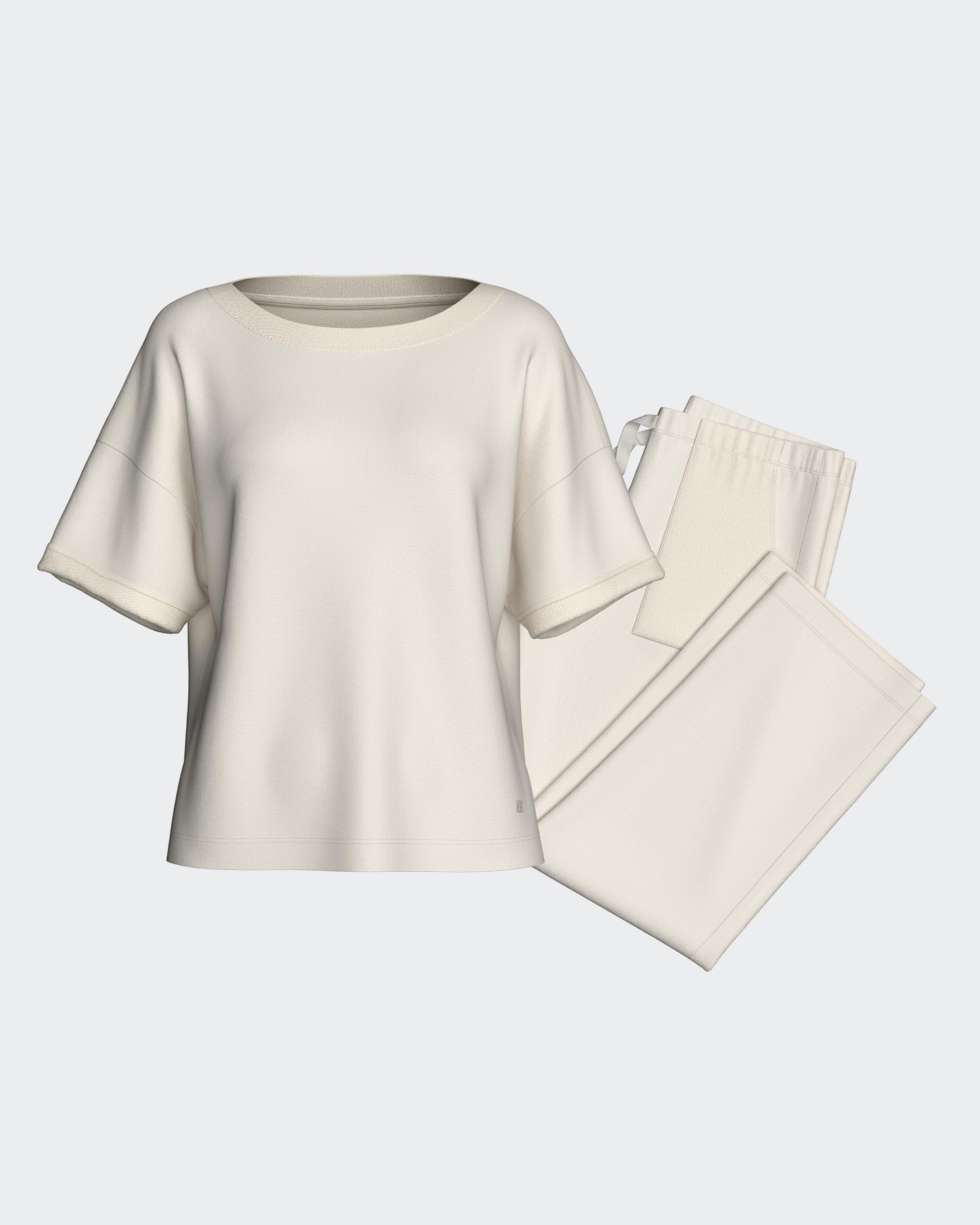 Maison Sarava women's cream lyocell cotton short sleeve lounge set with crew neck t-shirt and shorts.