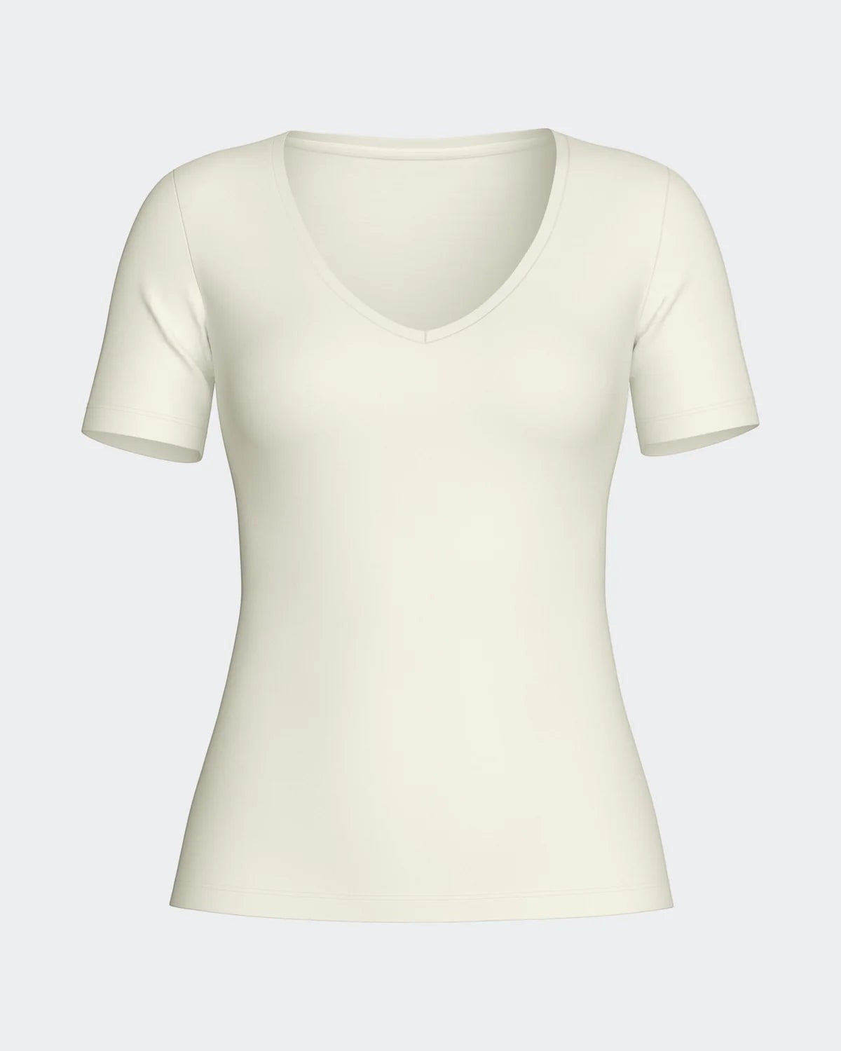 Maison Sarava women's cream V-neck short sleeve t-shirt made from premium wool and Lyocell.
