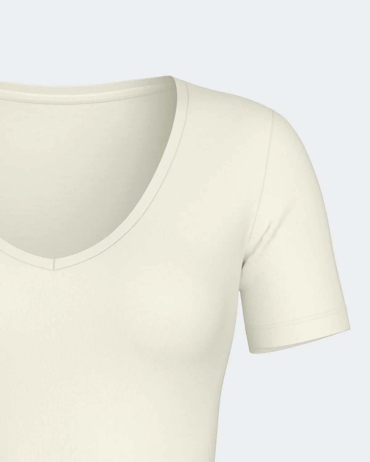 Maison Sarava women's short sleeve V-neck t-shirt in cream, made from premium wool and Lyocell.