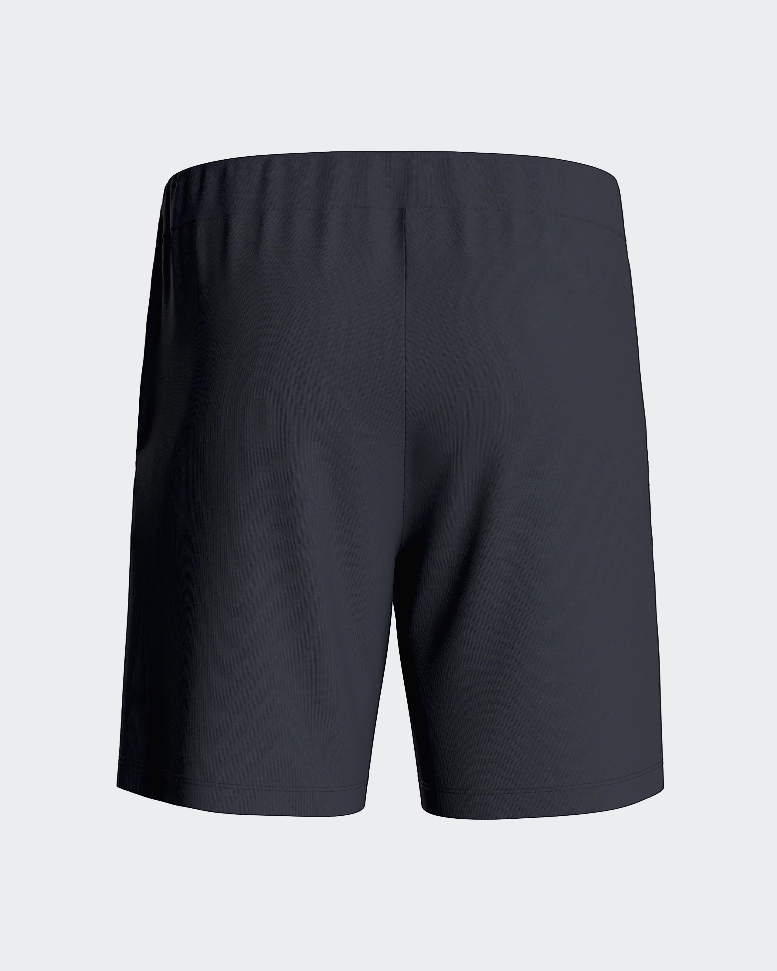 Maison Sarava dark grey lounge shorts with elastic waistband and drawstring, side pockets, relaxed fit.