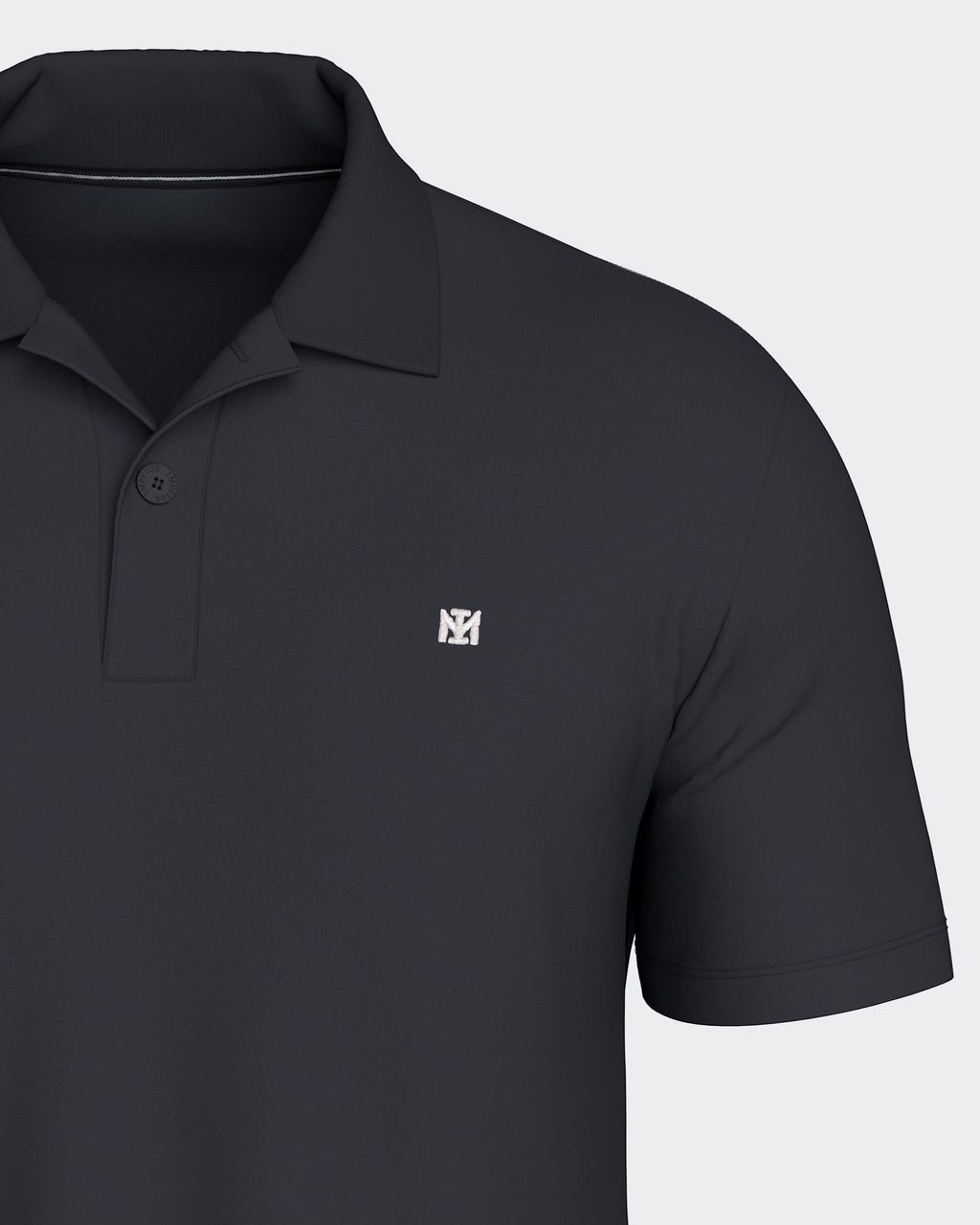 Maison Sarava dark grey short sleeve polo shirt with a subtle embroidered logo and two-button placket.