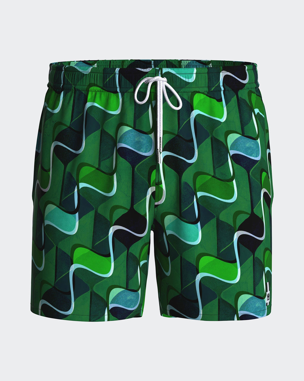 Maison Sarava men's green abstract pattern swim trunks with white drawstring and mesh lining. Quick-dry fabric.