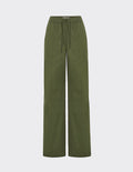 Maison Sarava green cotton drawstring straight leg pants with cargo pockets and high-rise fit.