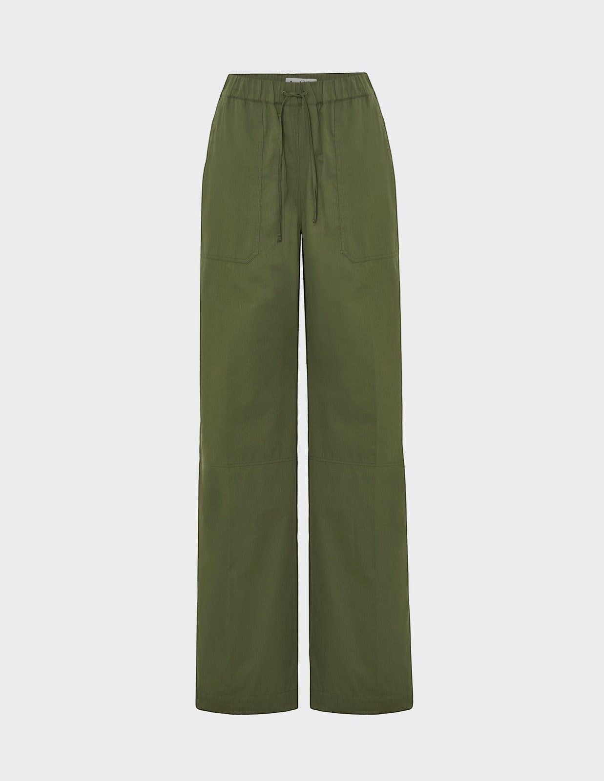 Maison Sarava green cotton drawstring straight leg pants with cargo pockets and high-rise fit.