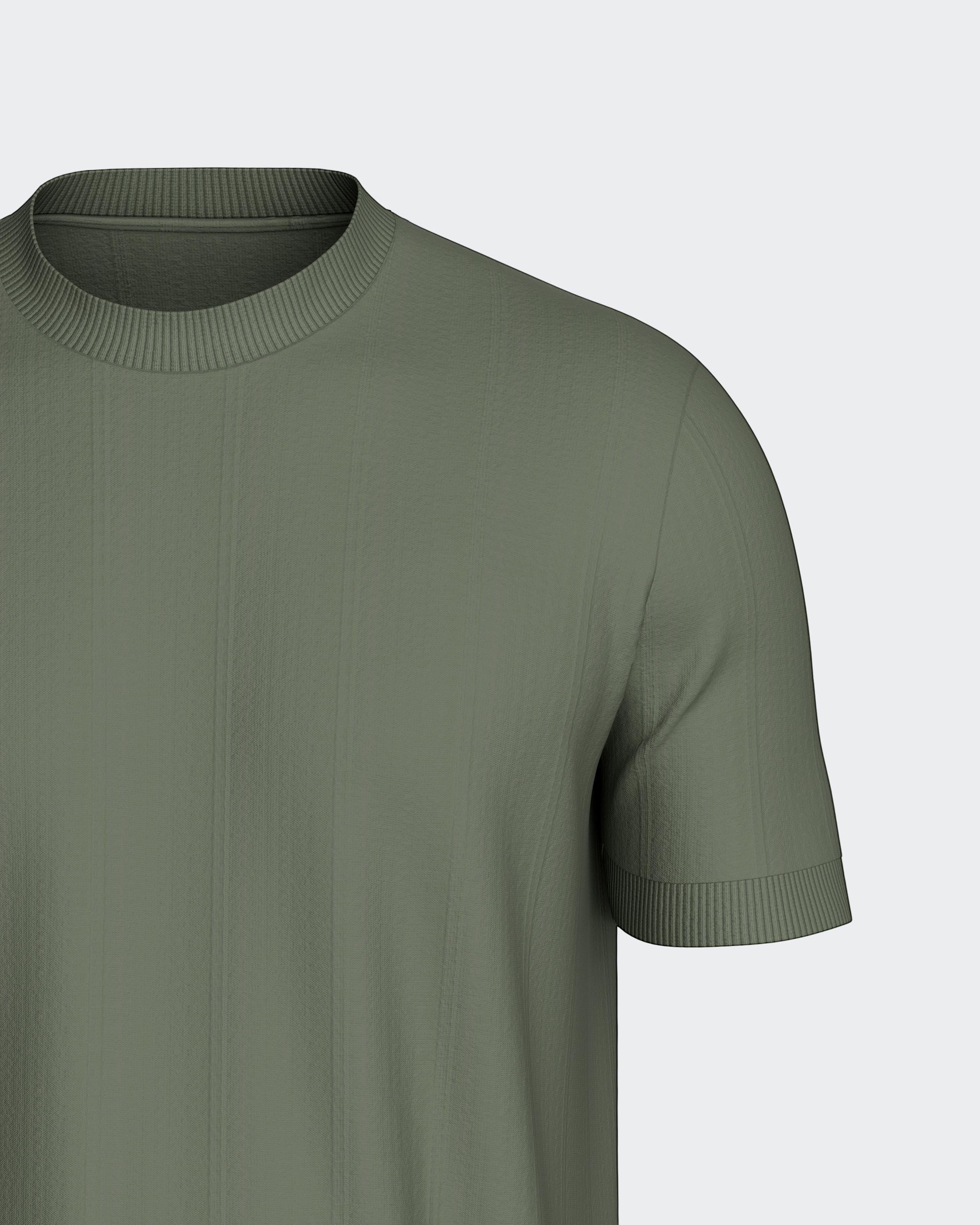 Maison Sarava olive green short sleeve t-shirt made from 100% Lyocell with a ribbed round neckline and subtle vertical texture.