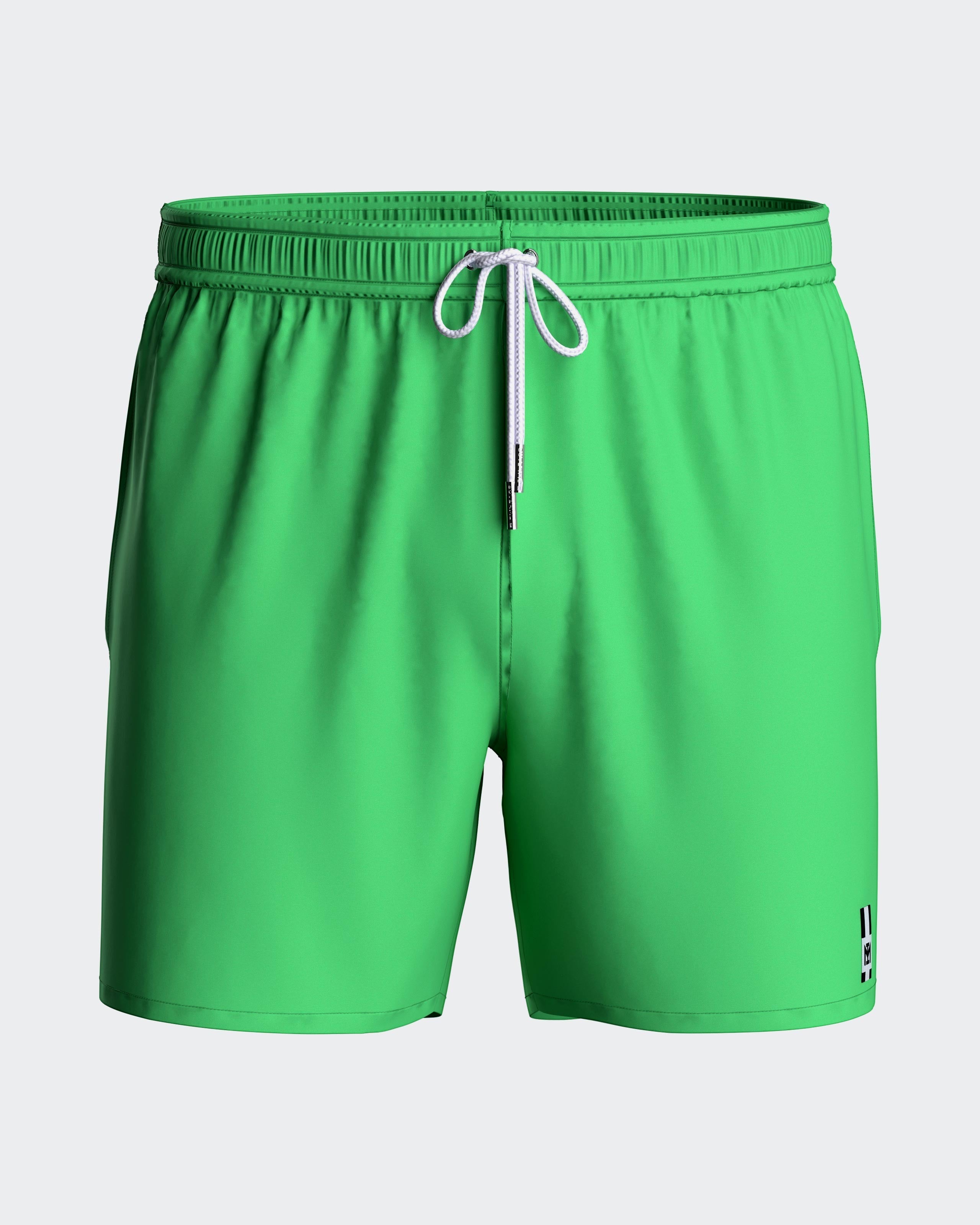 Maison Sarava men's bright green polyester swim shorts with adjustable drawstring waist and inner mesh lining.