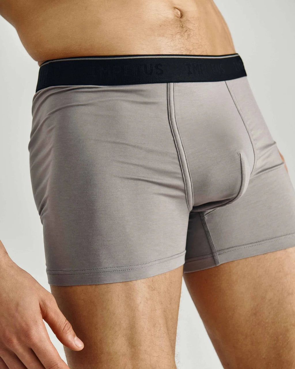 Maison Sarava grey cotton blend boxer briefs with black branded waistband and supportive pouch.