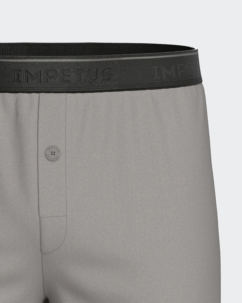 Maison Sarava grey cotton boxer briefs with black branded elastic waistband and button fly.