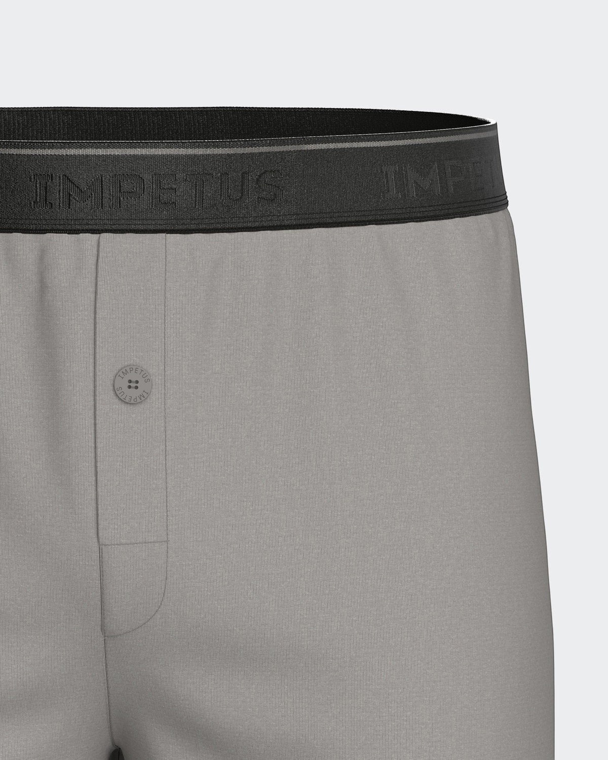 Maison Sarava grey cotton boxer briefs with black branded elastic waistband and button fly.