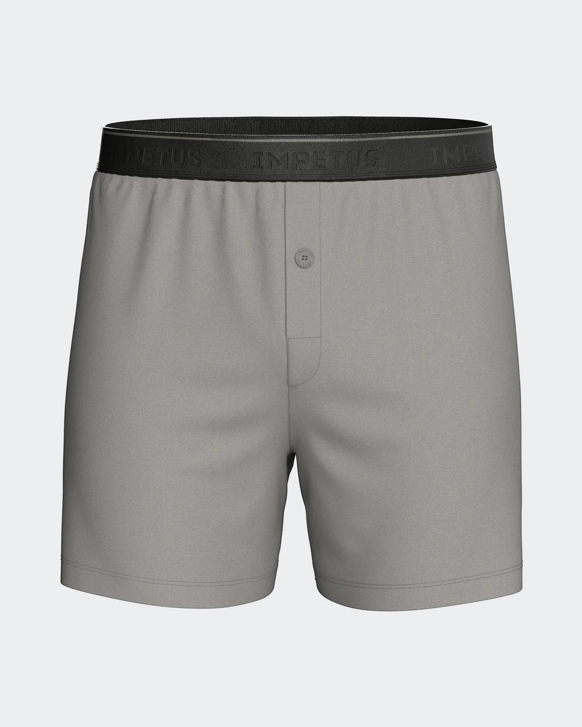 Maison Sarava grey cotton boxer briefs with black branded elastic waistband and button fly.
