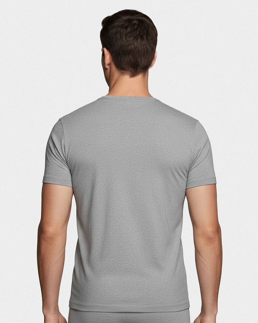 Maison Sarava grey heathered cotton crew neck t-shirt, back view. Short sleeves, classic fit.
