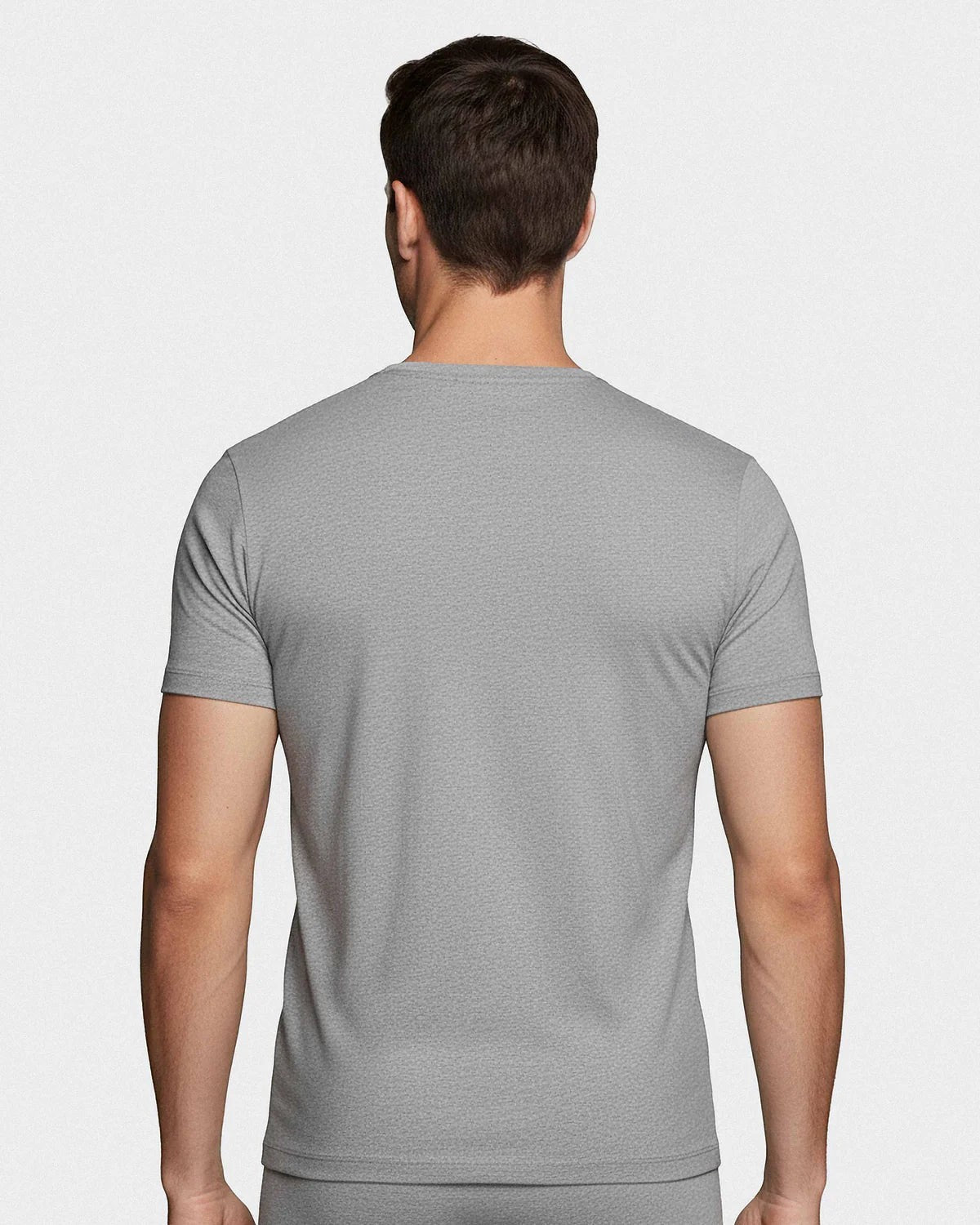 Maison Sarava grey heathered cotton crew neck t-shirt, back view. Short sleeves, classic fit.